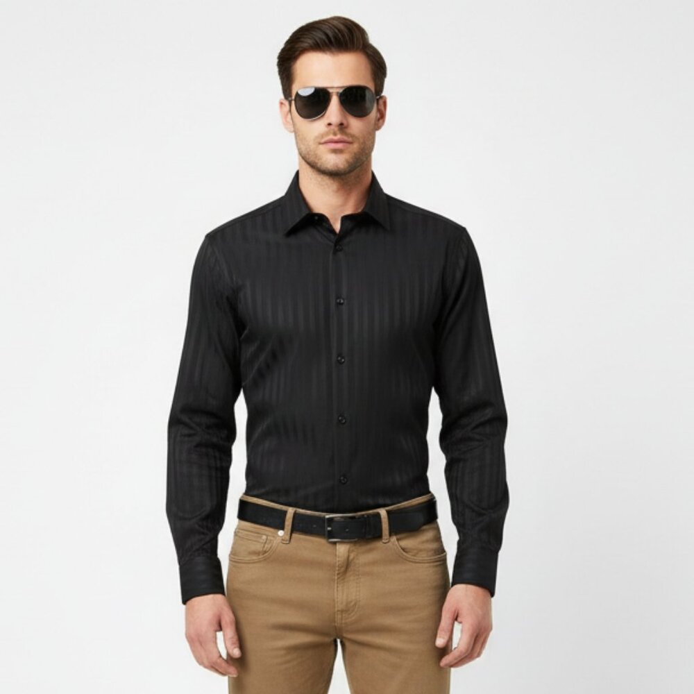 Murano‎ Men’s Black Striped Long Sleeve Liquid Luxury Button Up Shirt NEW L